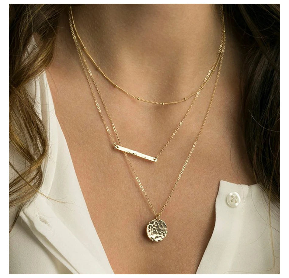 Cascading Gold Multi-Tier Link & Pendant Layered Necklace