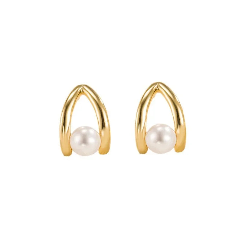 925 Silver Needle Pearl Huggie Hoop Earrings