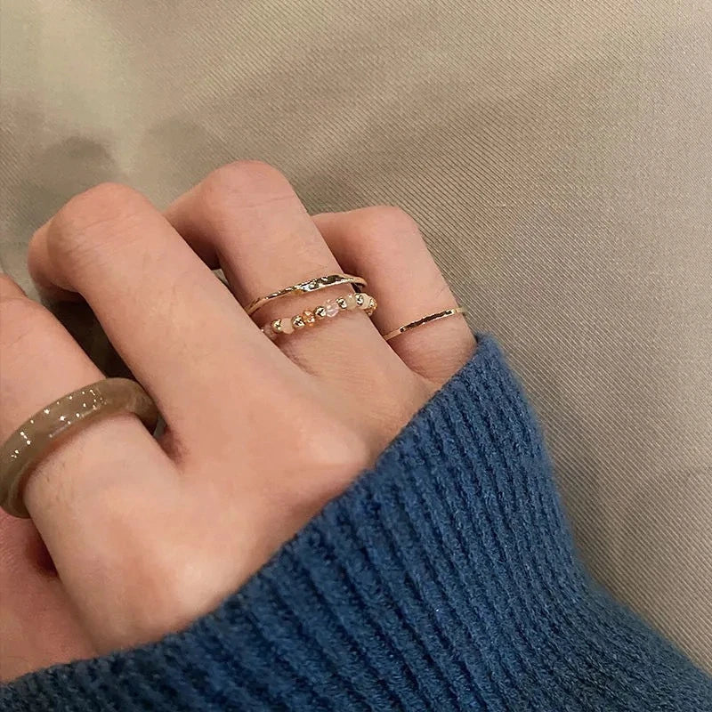 4-Piece Colorful Bead & Irregular Line Ring Set