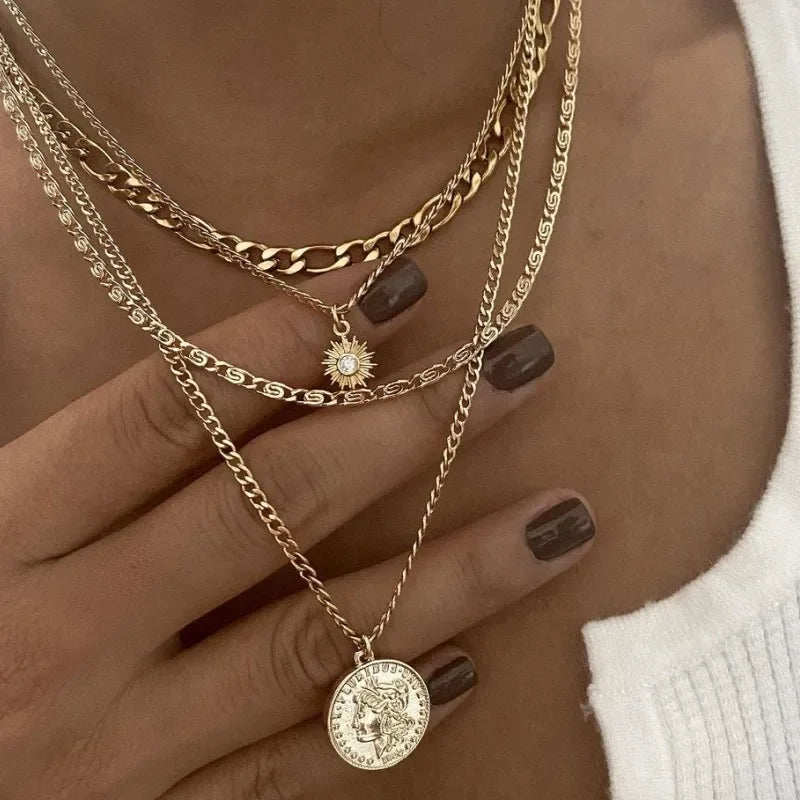 Three-Layer Coin Disc Bead Chain Necklace