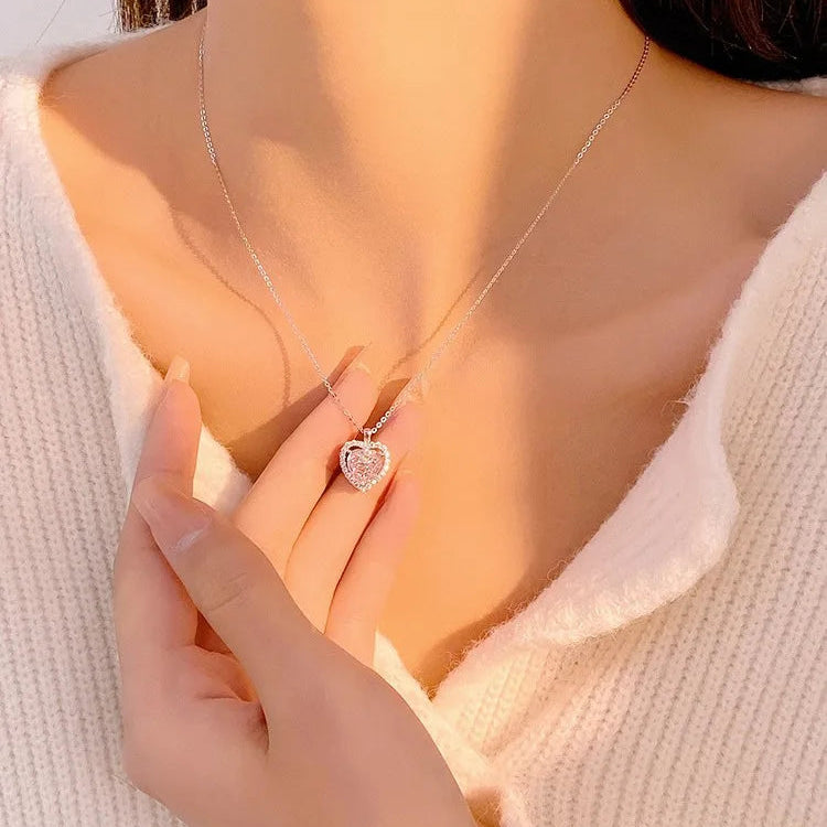 925 Sterling Silver Pink Zircon Heart Pendant Necklace