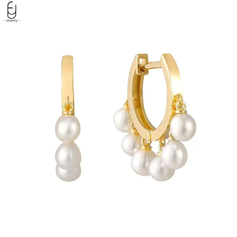925 Silver Needle Pearl Huggie Hoop Earrings