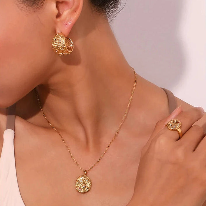 Retro Celestial Multi-Color Zircon Moon & Star Medallion Necklace