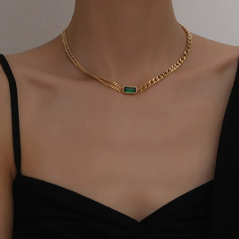 Vintage Gold Green Zircon Asymmetry Charm Necklace