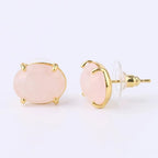Gold Oval Faceted Natural Stone Stud Earrings