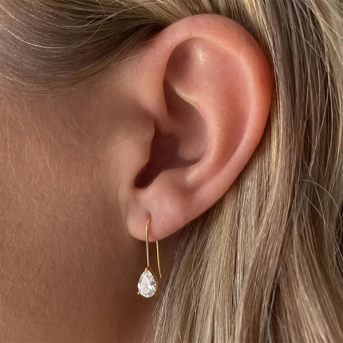 18K Gold PVD Stainless Steel Water Drop Zircon Wire Earrings