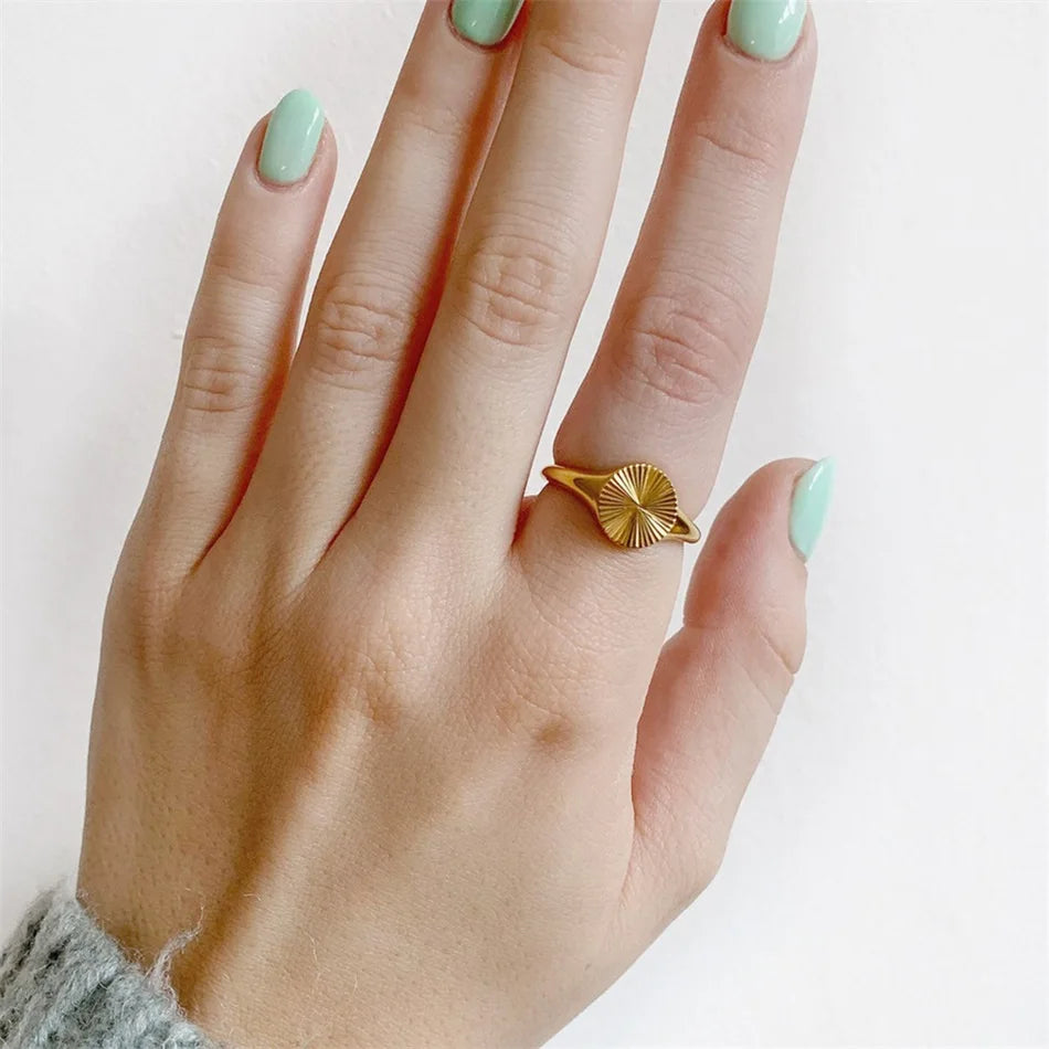 Chunky Dome Rays Texture Stainless Steel Signet Ring