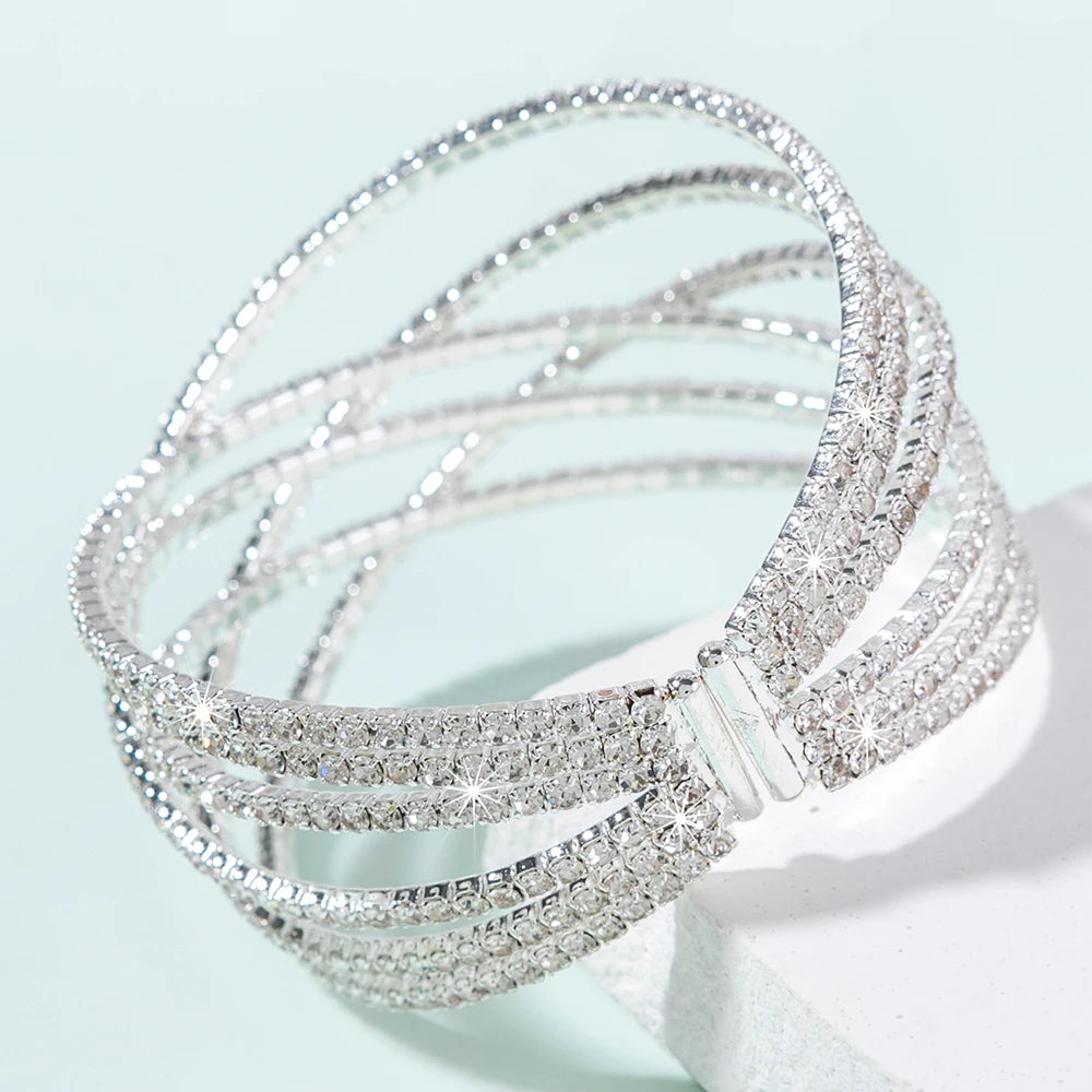 Vespera Six-Row Rhinestone Stretch Cuff Bangle