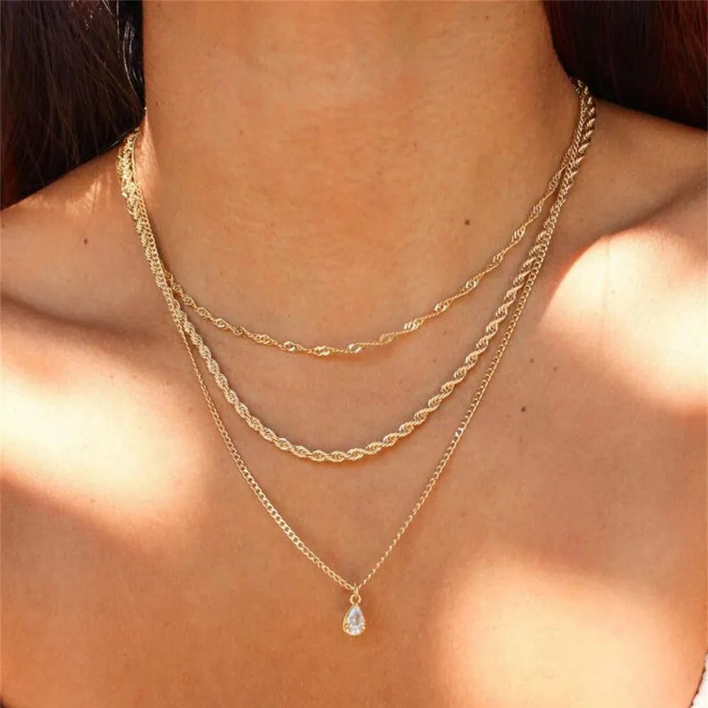 Vintage Geometric Crystal Multi-Tier Snake Chain Necklace