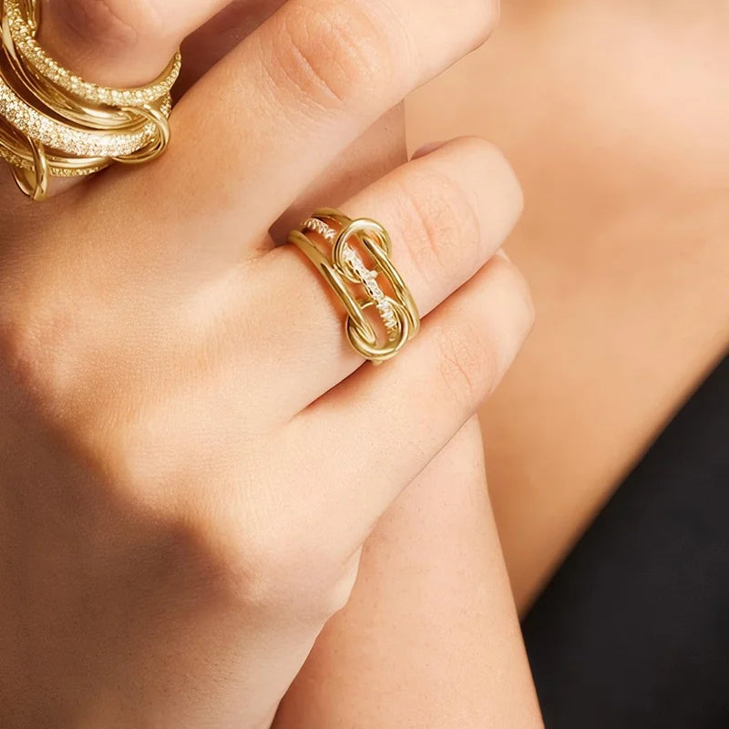 Three-Layer Interlocked Gold Zircon Stainless Steel Ring