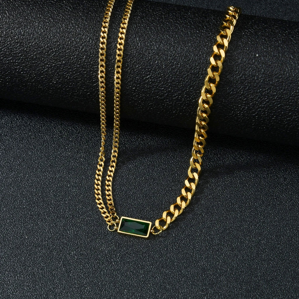 Vintage Gold Green Zircon Asymmetry Charm Necklace