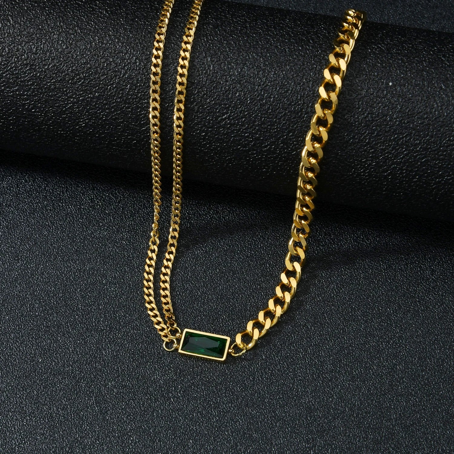 Vintage Gold Green Zircon Asymmetry Charm Necklace