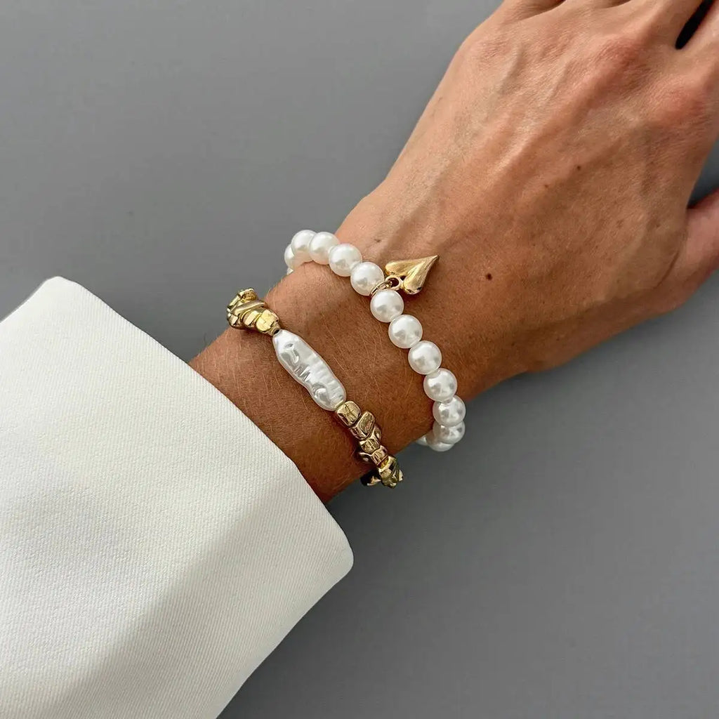 Isla Two-Piece Pearl and Heart Charm Bracelet Set