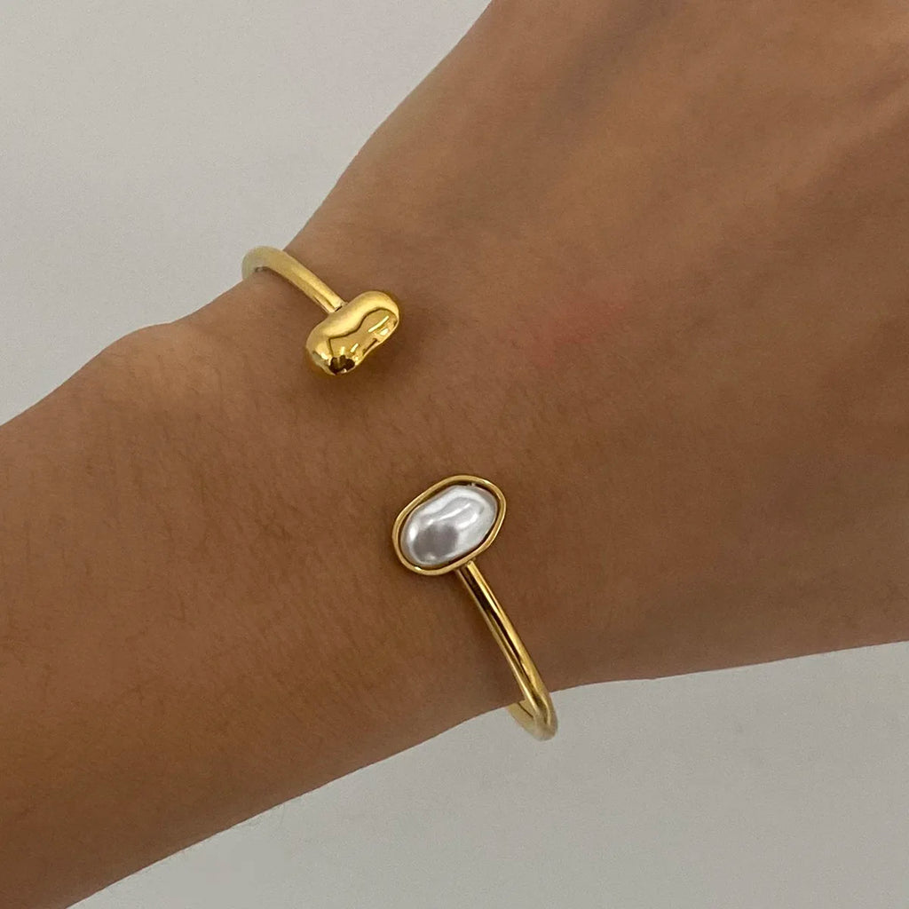 Astrid Oval Pearl and Open Heart Cuff Bangle