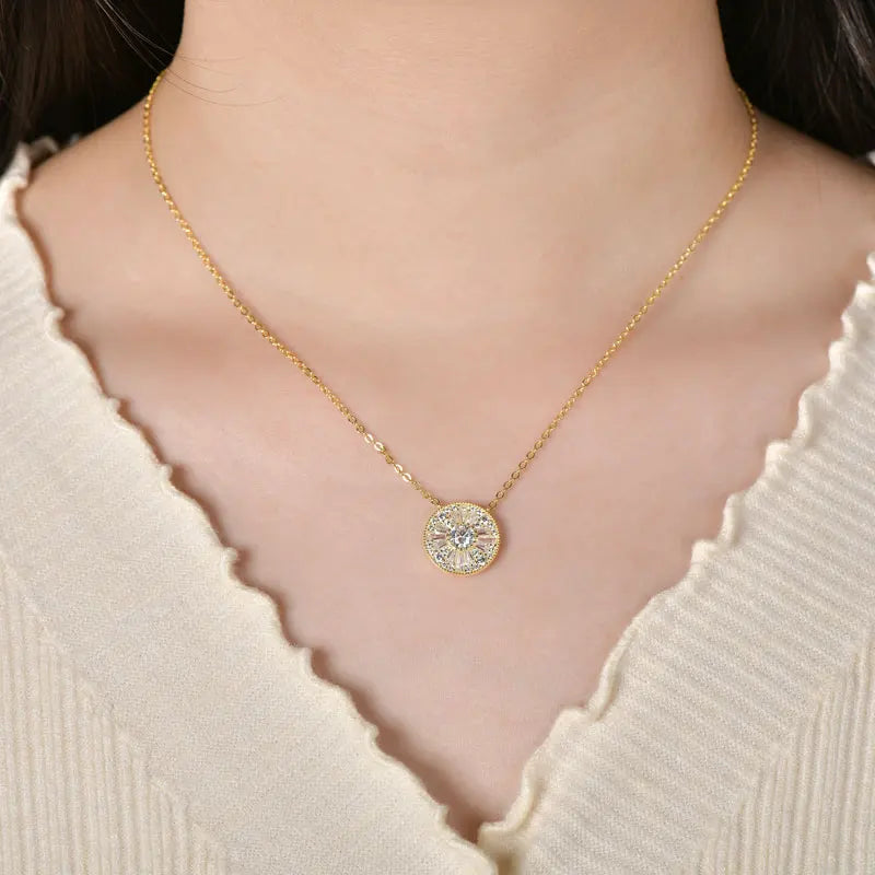 Moissanite Trapezoids Lucky Disc Medallion Necklace