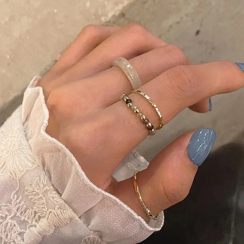 4-Piece Colorful Bead & Irregular Line Ring Set