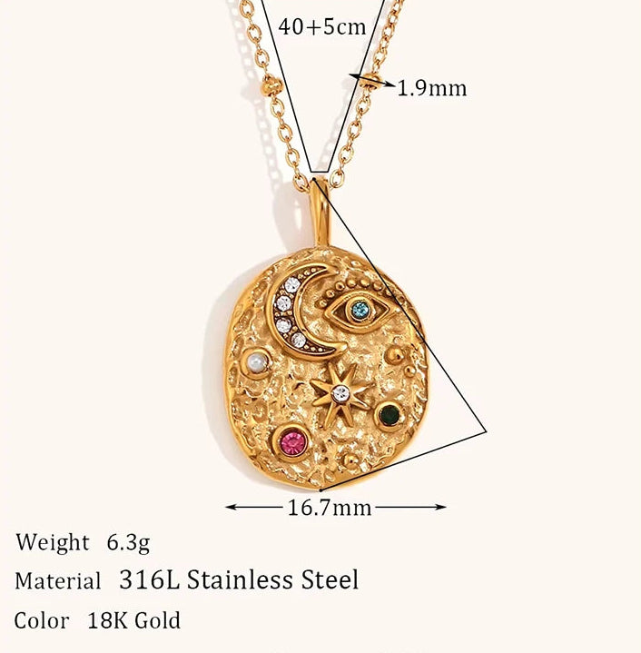 Retro Celestial Multi-Color Zircon Moon & Star Medallion Necklace