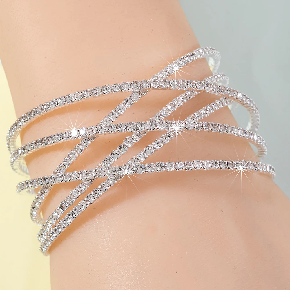 Vespera Six-Row Rhinestone Stretch Cuff Bangle