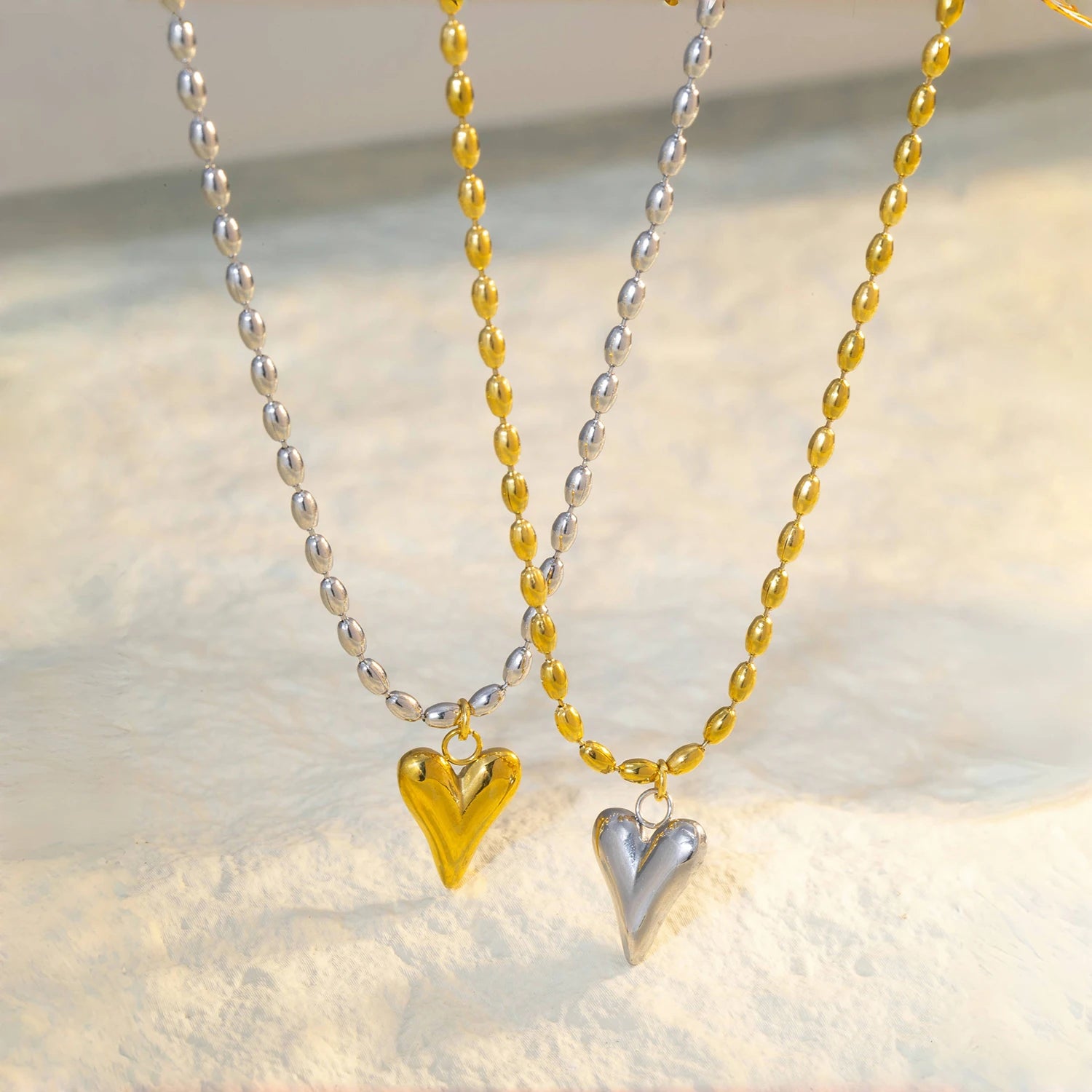18K Gold Plated Stainless Steel Heart Bead Chain Necklace