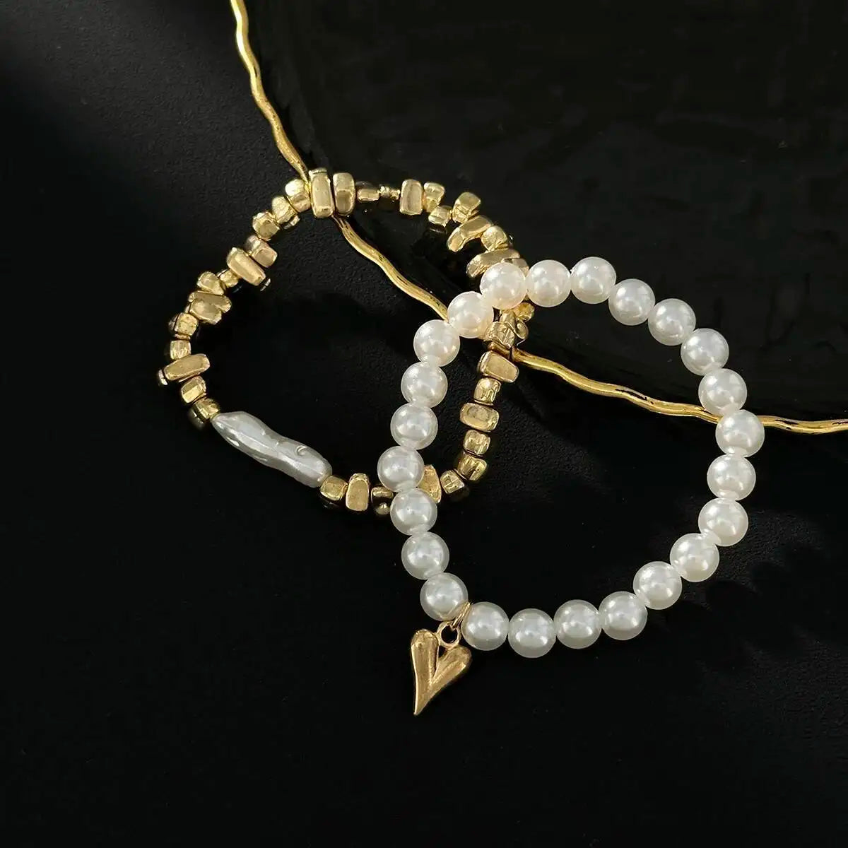 Isla Two-Piece Pearl and Heart Charm Bracelet Set