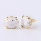 Gold Oval Faceted Natural Stone Stud Earrings