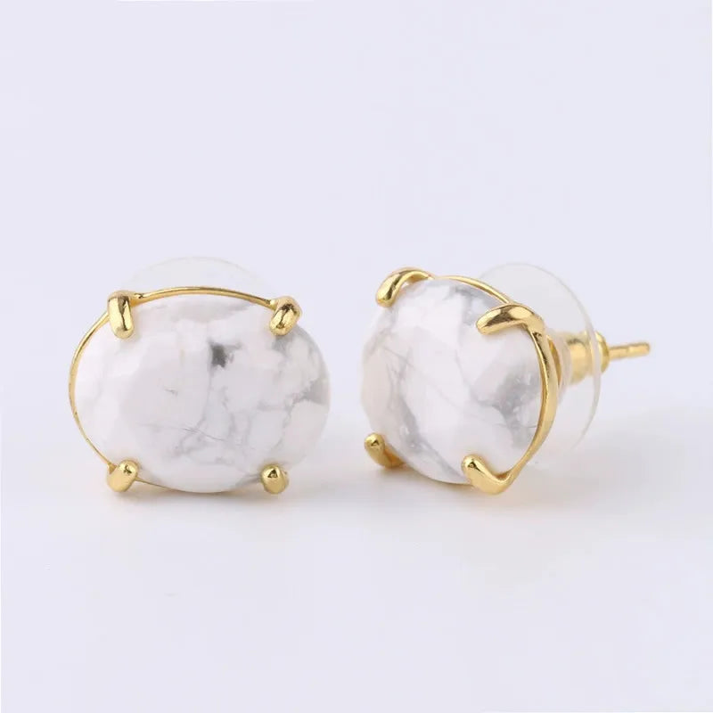 Gold Oval Faceted Natural Stone Stud Earrings
