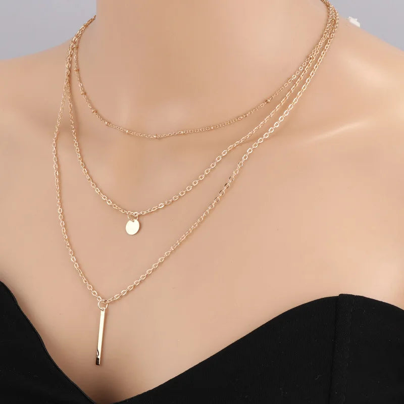 Triple Tier Gold Hollow Triangle Drop Necklace