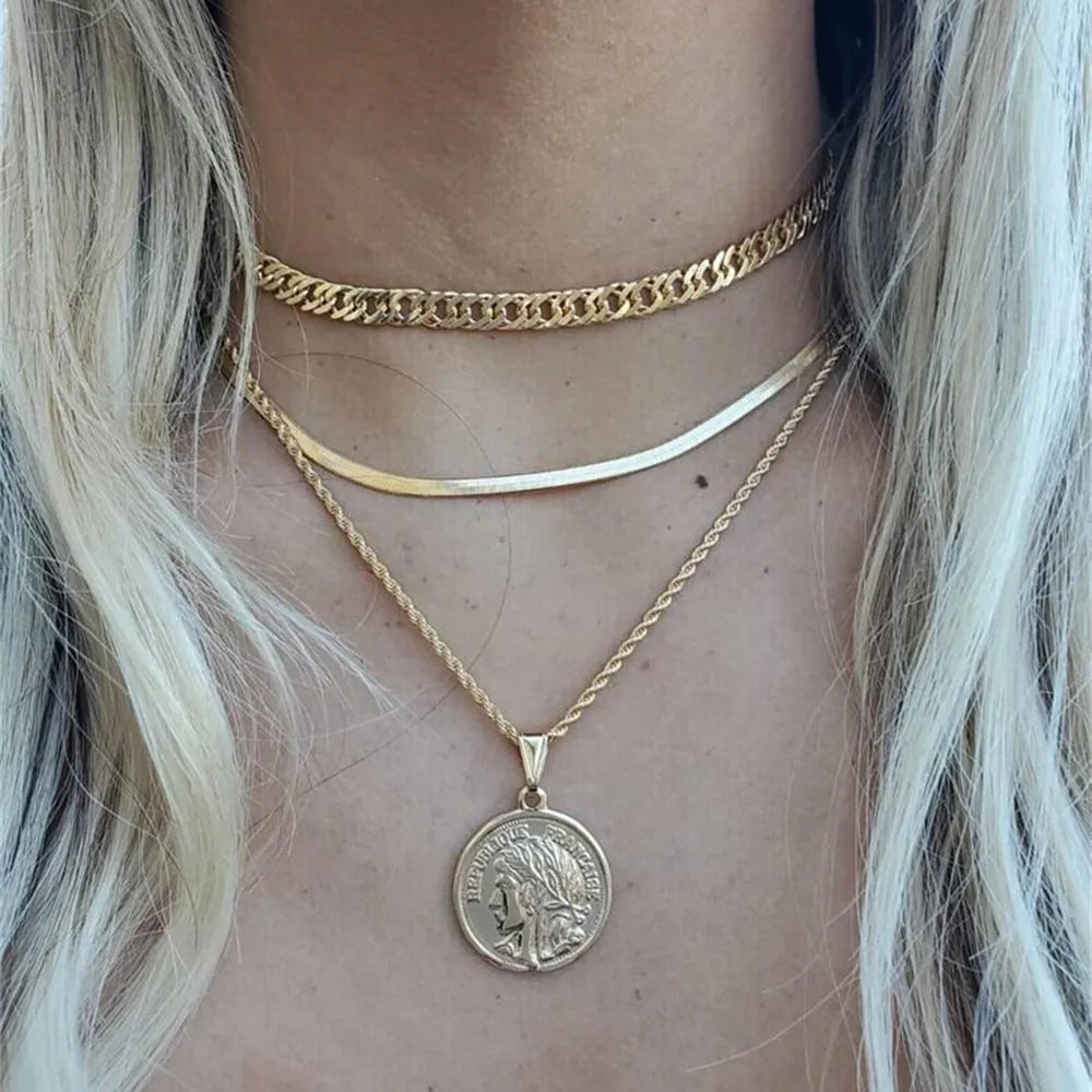 Vintage Geometric Crystal Multi-Tier Snake Chain Necklace