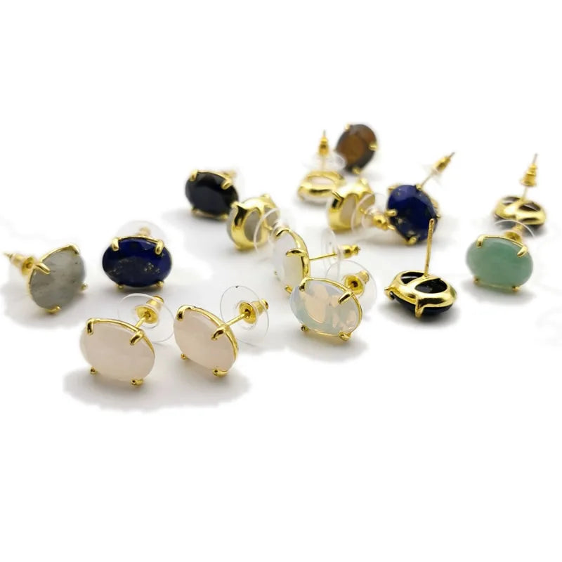 Gold Oval Faceted Natural Stone Stud Earrings