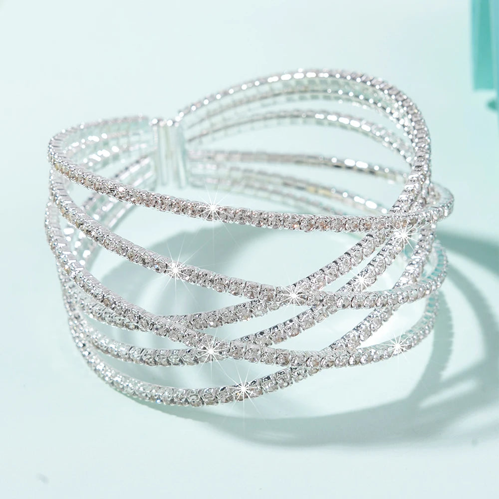 Vespera Six-Row Rhinestone Stretch Cuff Bangle