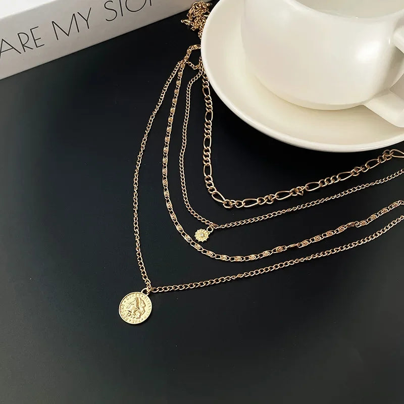 Three-Layer Coin Disc Bead Chain Necklace