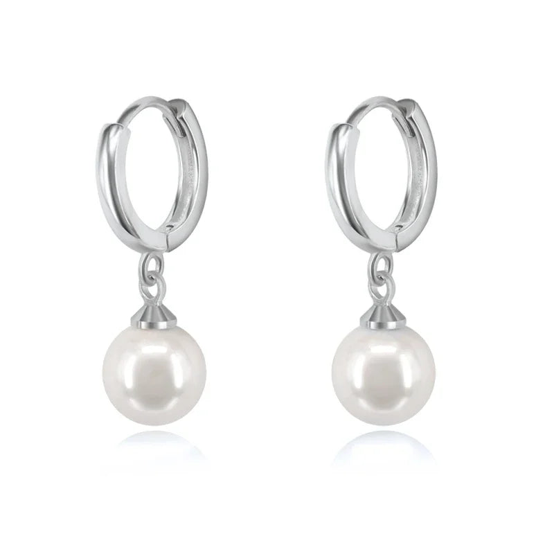 925 Silver Needle Pearl Huggie Hoop Earrings