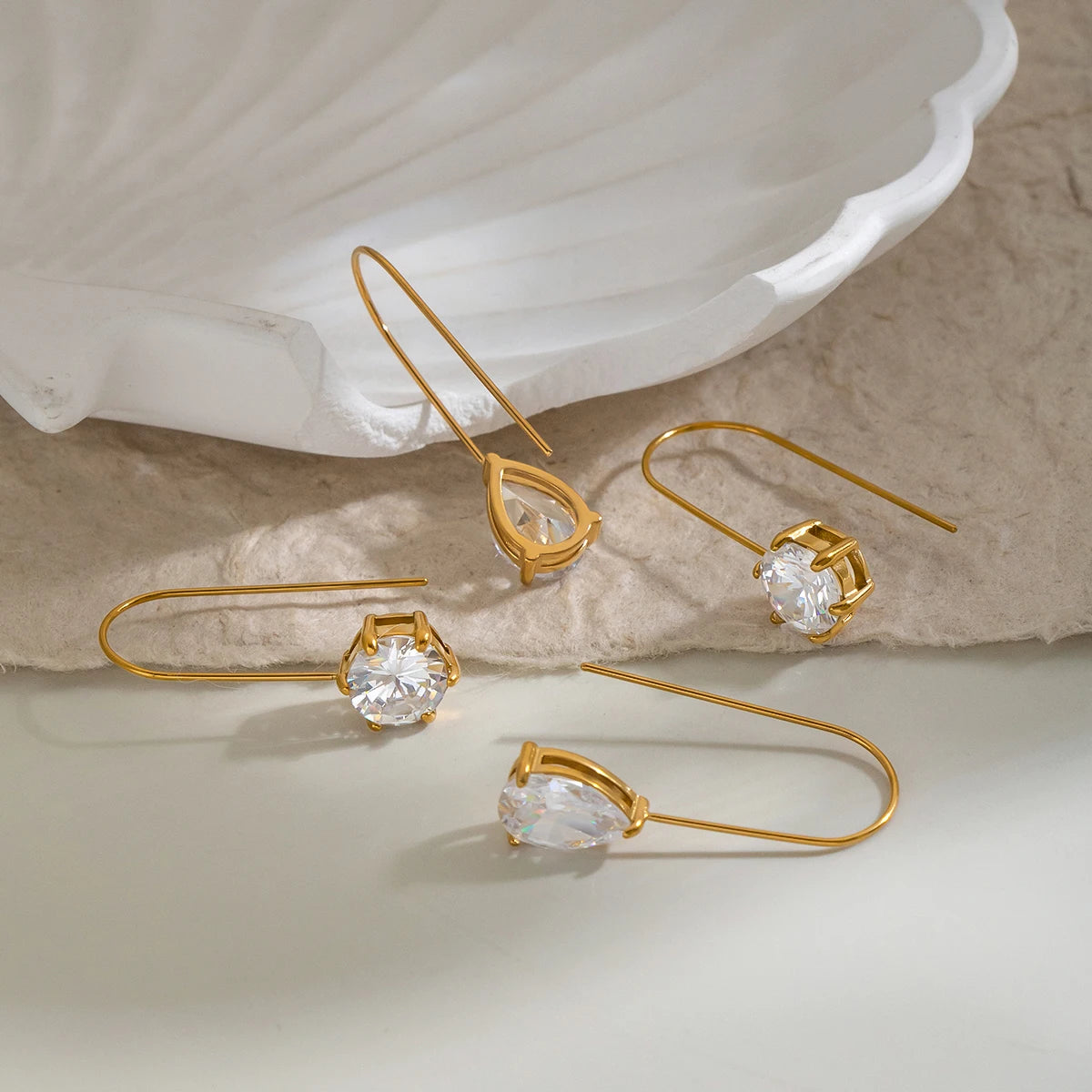 18K Gold PVD Stainless Steel Water Drop Zircon Wire Earrings