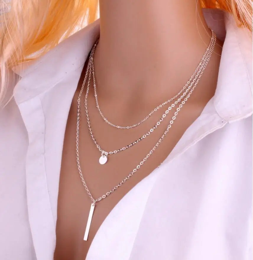 Triple Tier Gold Hollow Triangle Drop Necklace