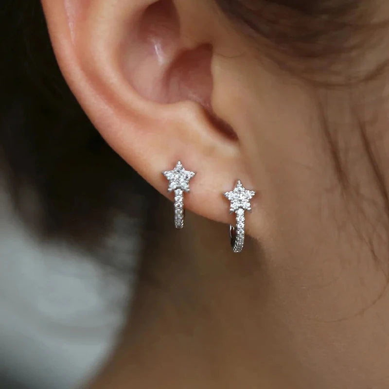 Dazzling CZ Star Charm Silver-Tone Hoop Earrings