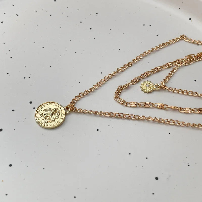 Three-Layer Coin Disc Bead Chain Necklace