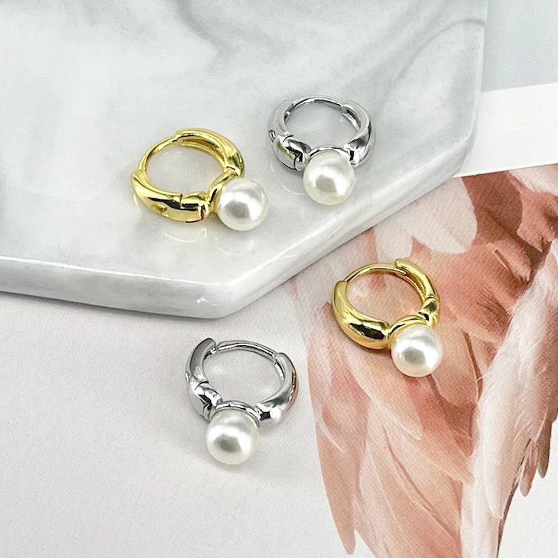 925 Silver Needle Pearl Huggie Hoop Earrings