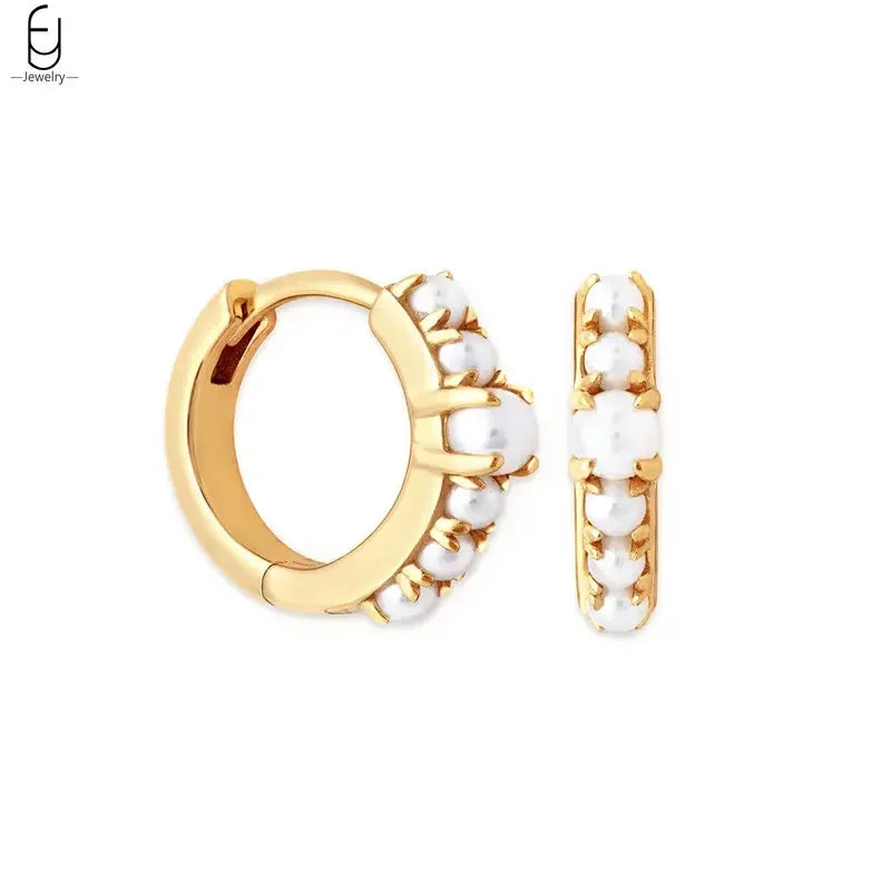 925 Silver Needle Pearl Huggie Hoop Earrings