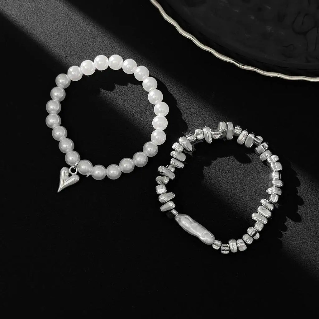 Isla Two-Piece Pearl and Heart Charm Bracelet Set
