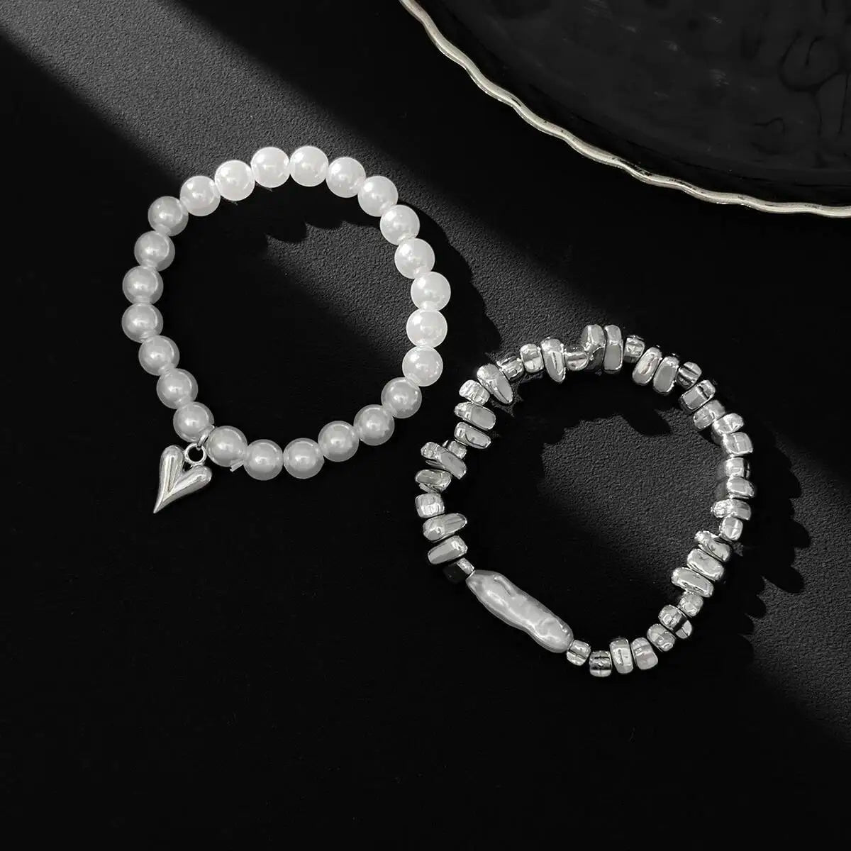 Isla Two-Piece Pearl and Heart Charm Bracelet Set