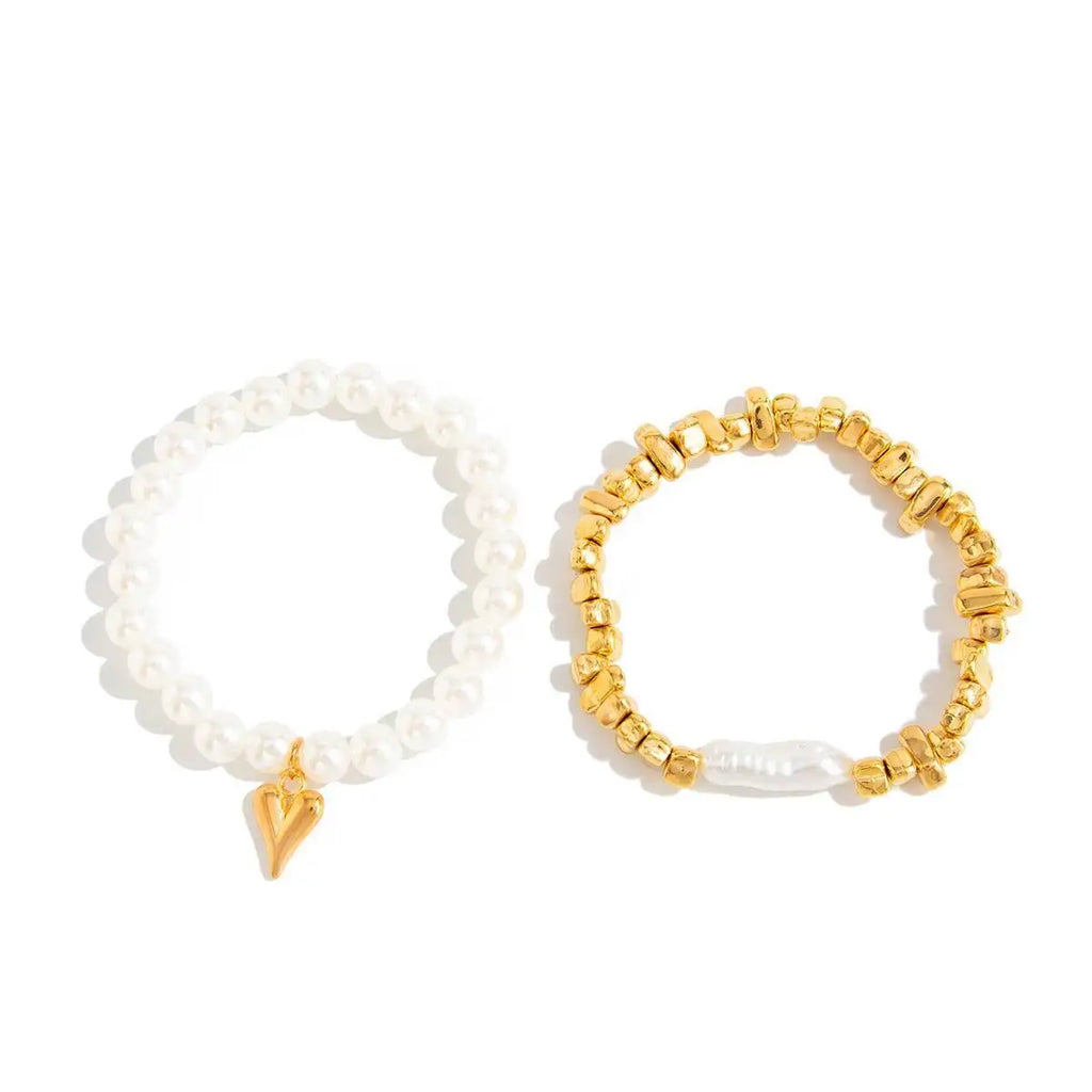 Isla Two-Piece Pearl and Heart Charm Bracelet Set