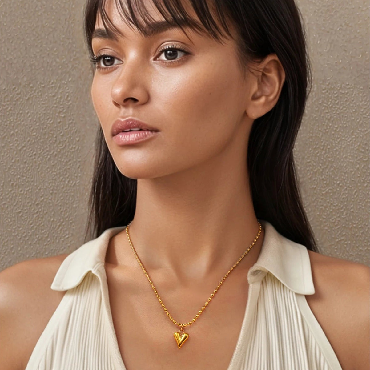18K Gold Plated Stainless Steel Heart Bead Chain Necklace