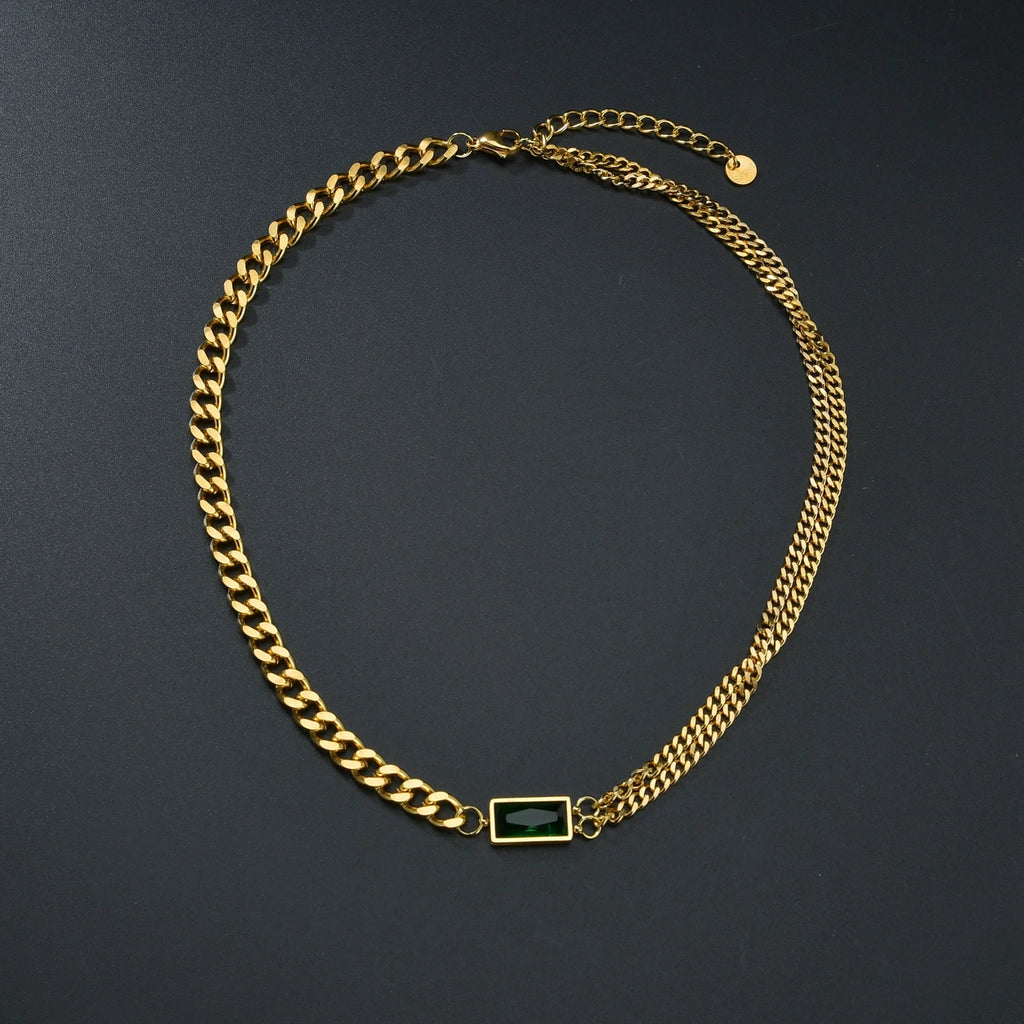 Vintage Gold Green Zircon Asymmetry Charm Necklace