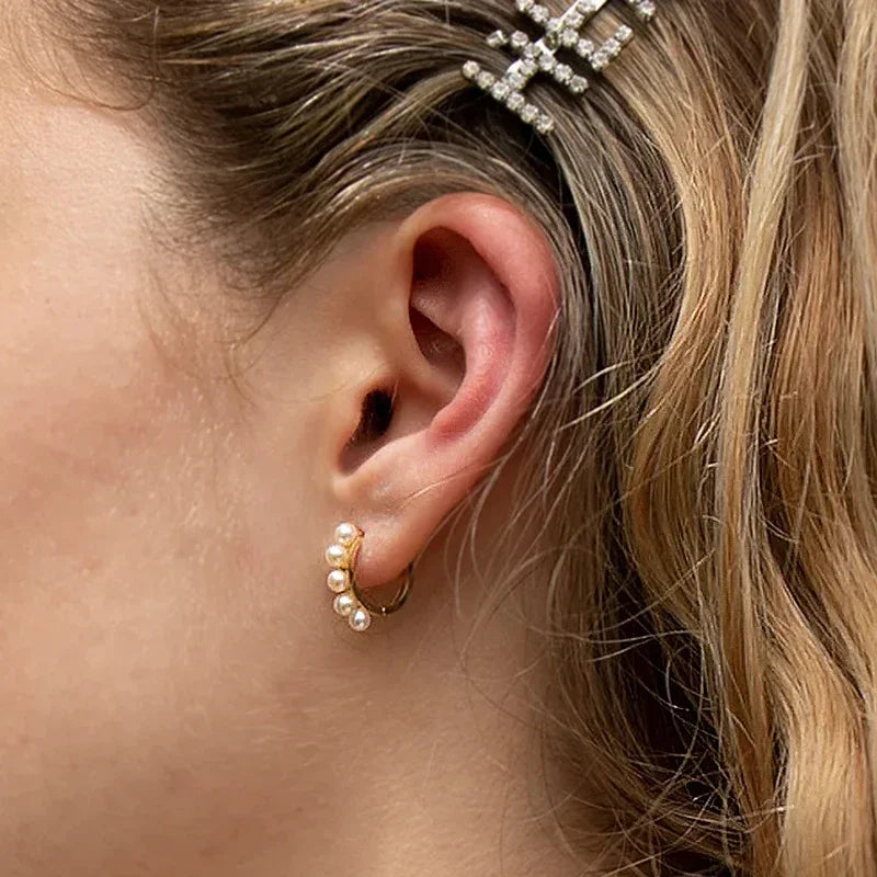 925 Silver Needle Pearl Huggie Hoop Earrings