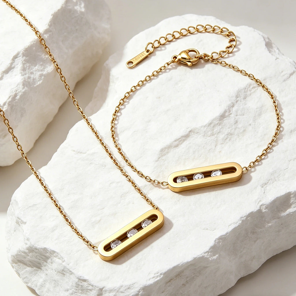 18K Gold Plated Moving CZ Necklace & Bracelet Set
