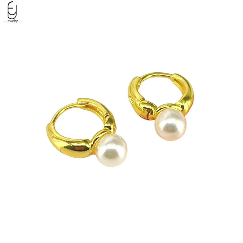 925 Silver Needle Pearl Huggie Hoop Earrings