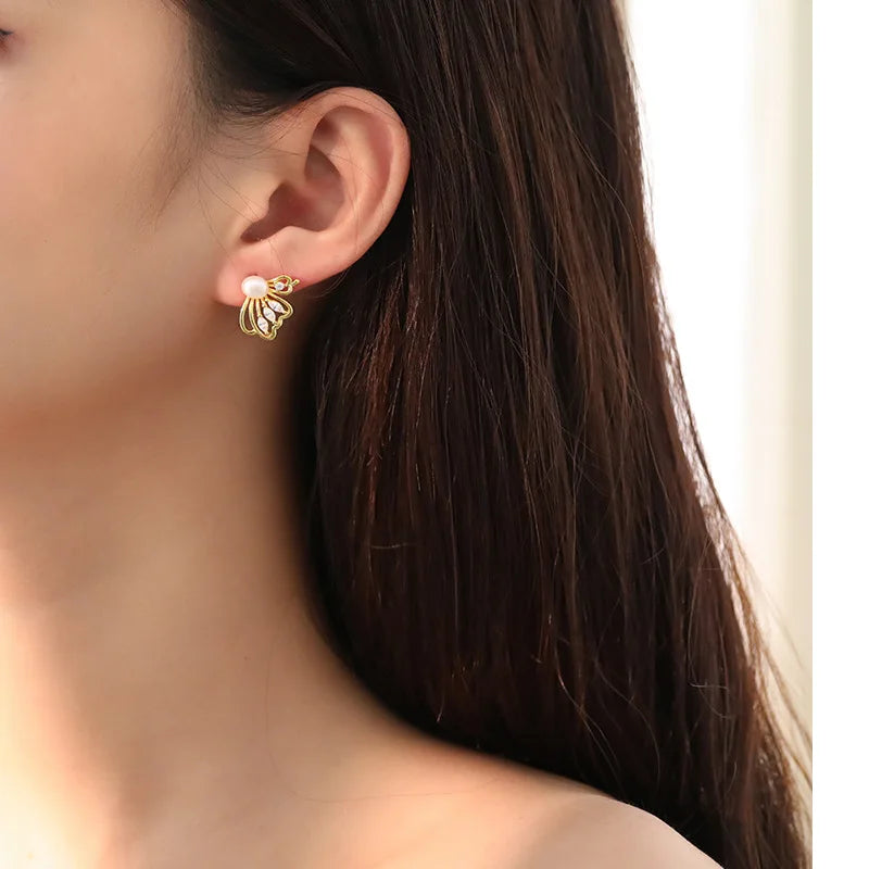 925 Silver Needle Pearl Huggie Hoop Earrings