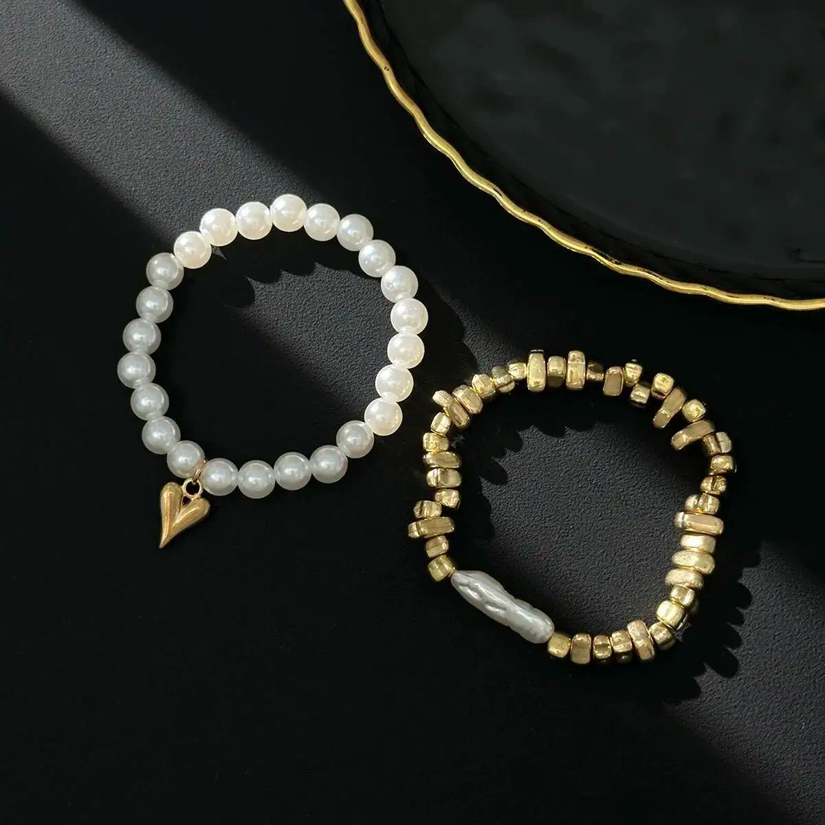 Isla Two-Piece Pearl and Heart Charm Bracelet Set