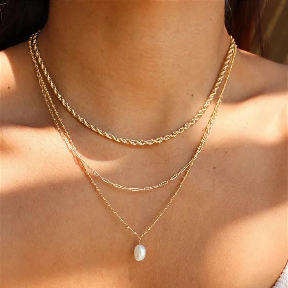 Vintage Geometric Crystal Multi-Tier Snake Chain Necklace