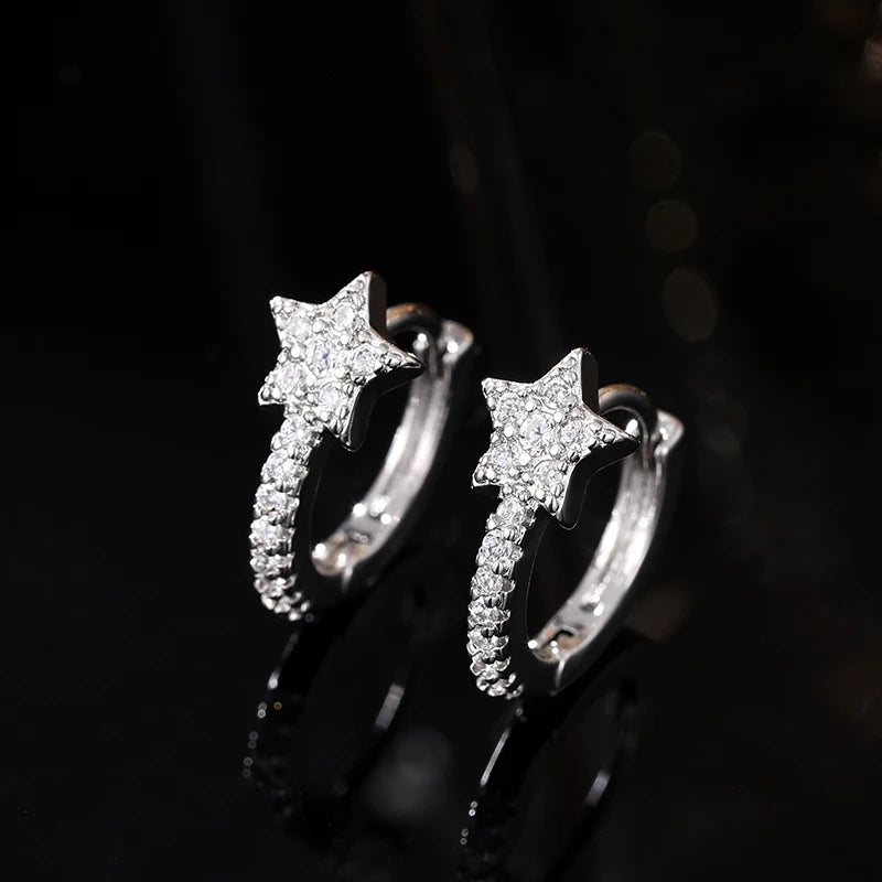 Dazzling CZ Star Charm Silver-Tone Hoop Earrings
